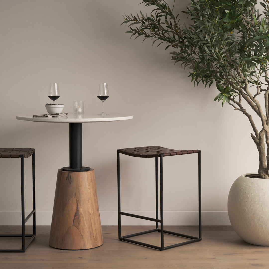 Clarissa Dark Brown Woven Leather Seat W/ Black Iron Frame Counter Stool Dining Room Mercana