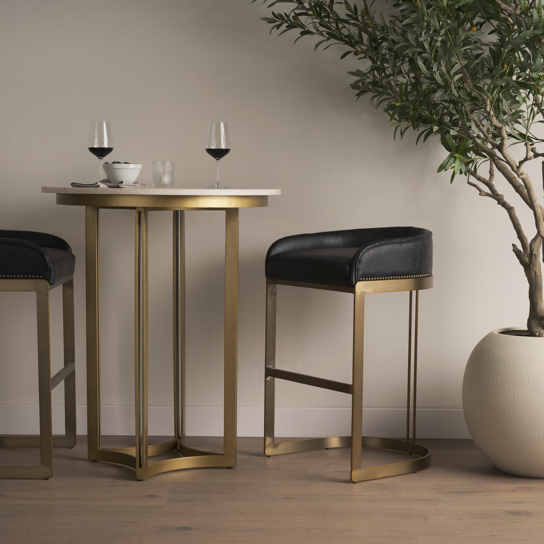 Hollyfield II Black Leather Seat Gold Metal Base Bar Stool Dining Room Mercana