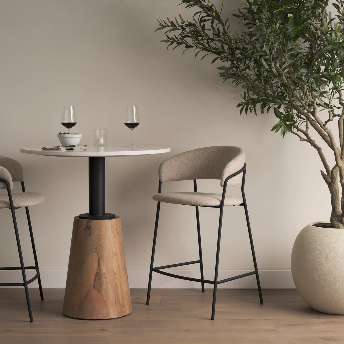 Carolyn Counter Stool w/ Oatmeal Fabric & Matte Black Metal Dining Room Mercana