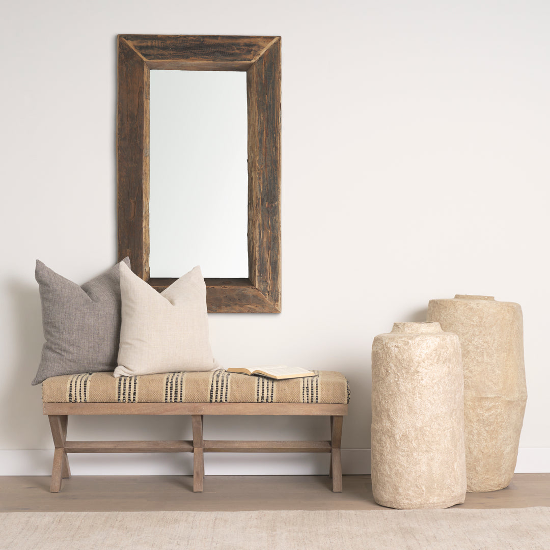 Solis 50L x 16W Brown Base Upholstered Beige/Black Stripe Seat Accent Bench Living Room Mercana