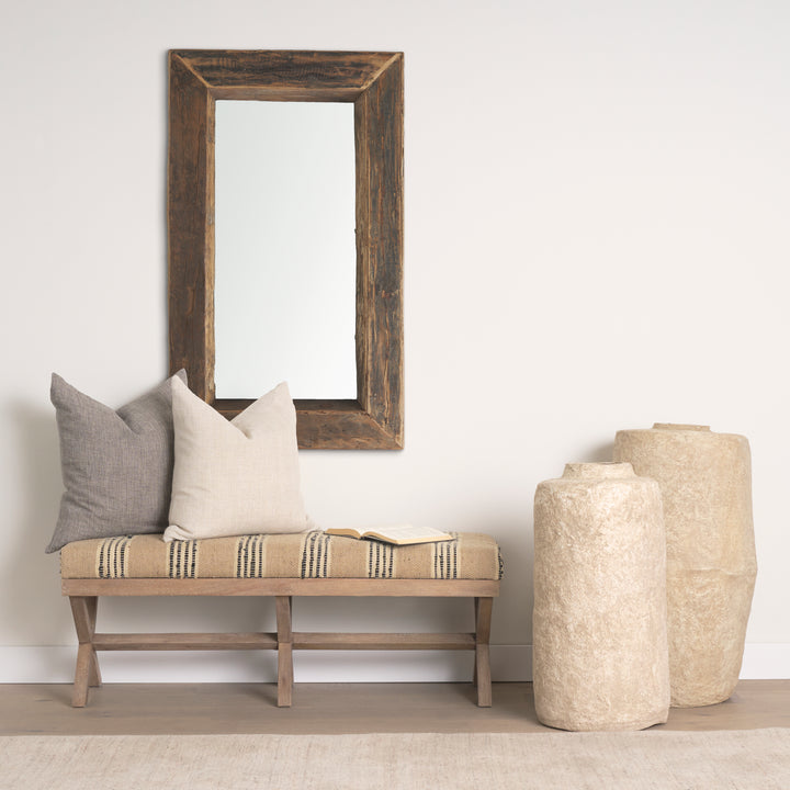 Solis 50L x 16W Brown Base Upholstered Beige/Black Stripe Seat Accent Bench Living Room Mercana