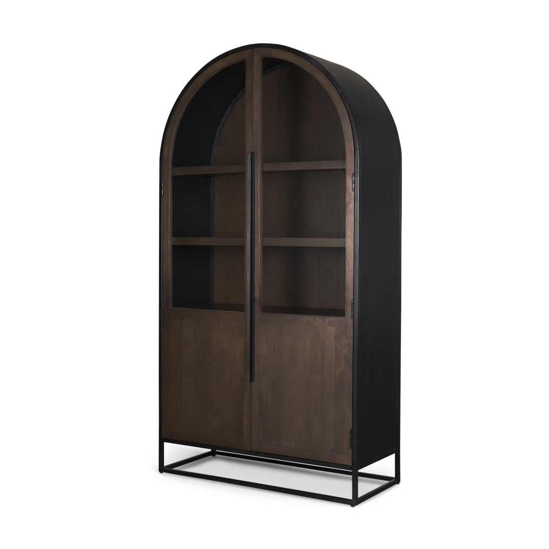 Sloan 80.5H Dark Brown Wood W/Black Metal Arched Curio Cabinet Living Room Mercana
