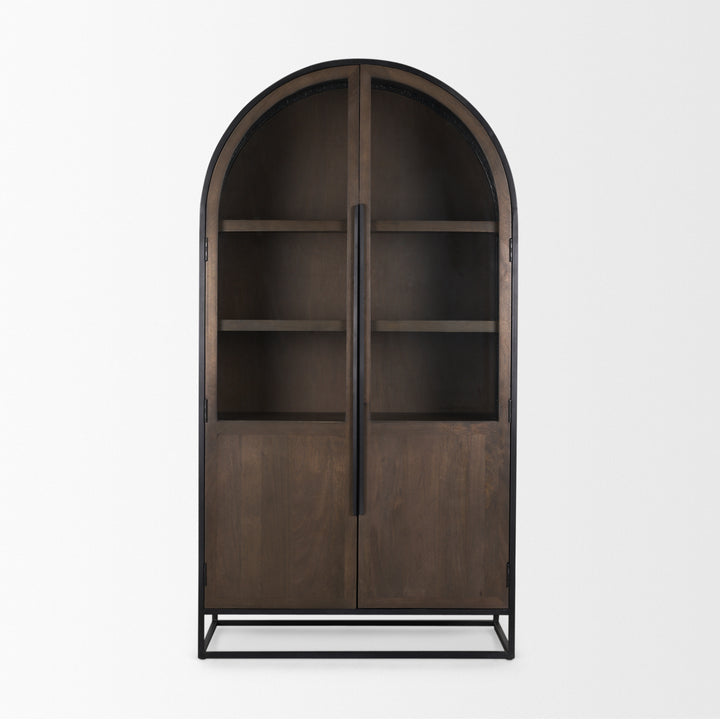 Sloan 80.5H Dark Brown Wood W/Black Metal Arched Curio Cabinet Living Room Mercana