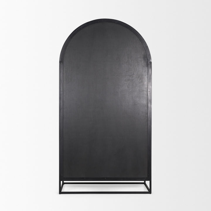 Sloan 80.5H Dark Brown Wood W/Black Metal Arched Curio Cabinet Living Room Mercana