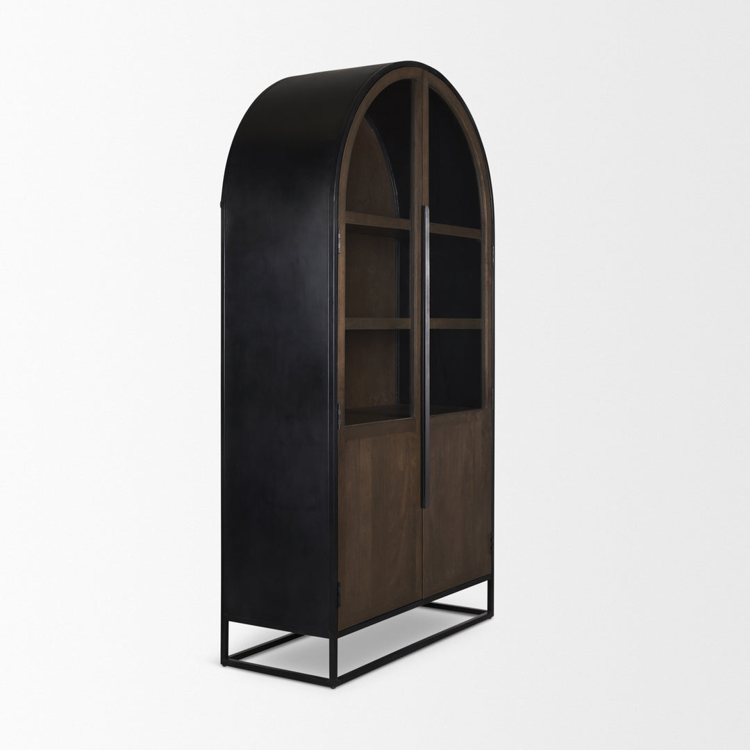 Sloan 80.5H Dark Brown Wood W/Black Metal Arched Curio Cabinet Living Room Mercana