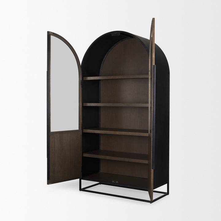 Sloan 80.5H Dark Brown Wood W/Black Metal Arched Curio Cabinet Living Room Mercana
