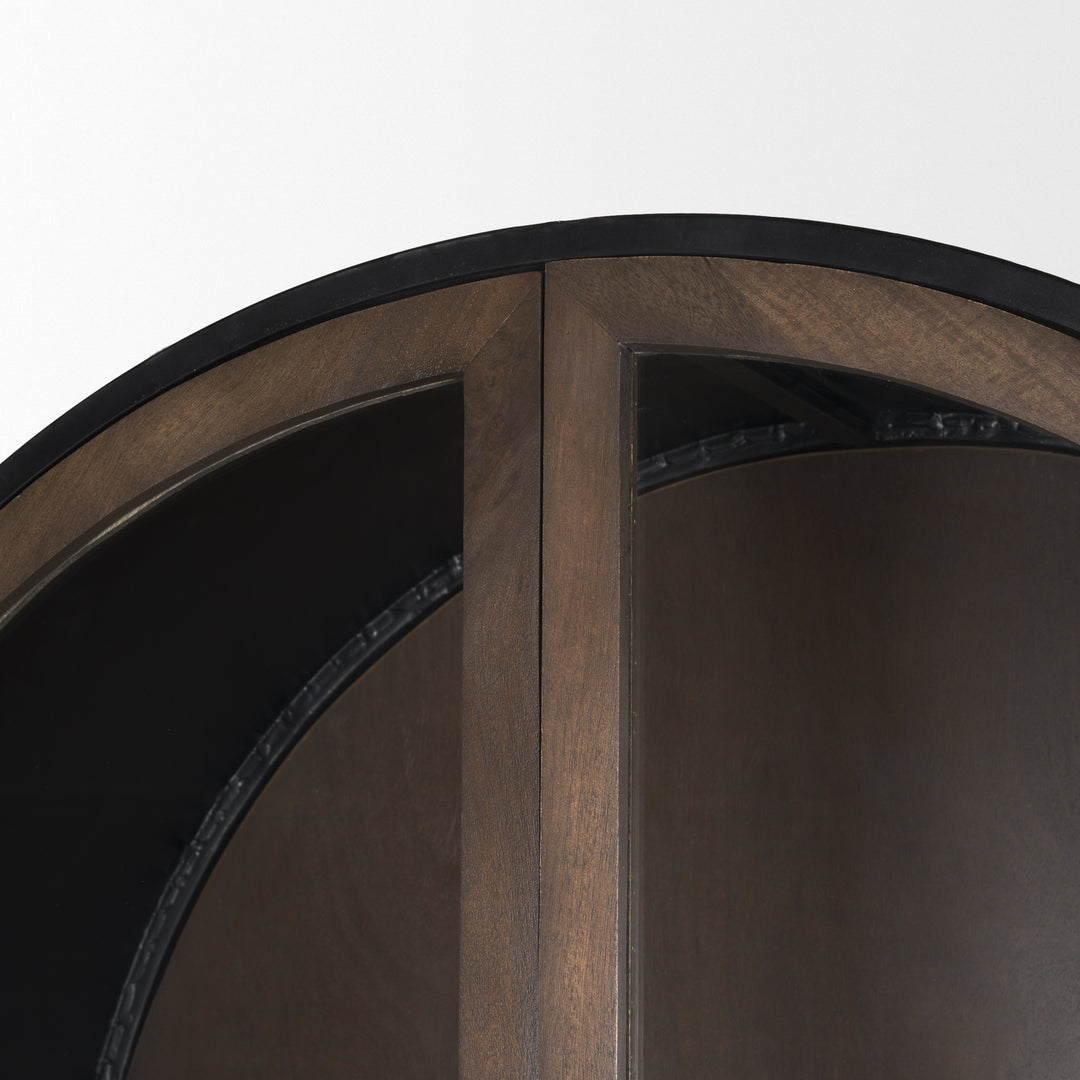 Sloan 80.5H Dark Brown Wood W/Black Metal Arched Curio Cabinet Living Room Mercana