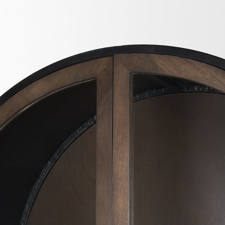 Sloan 80.5H Dark Brown Wood W/Black Metal Arched Curio Cabinet Living Room Mercana
