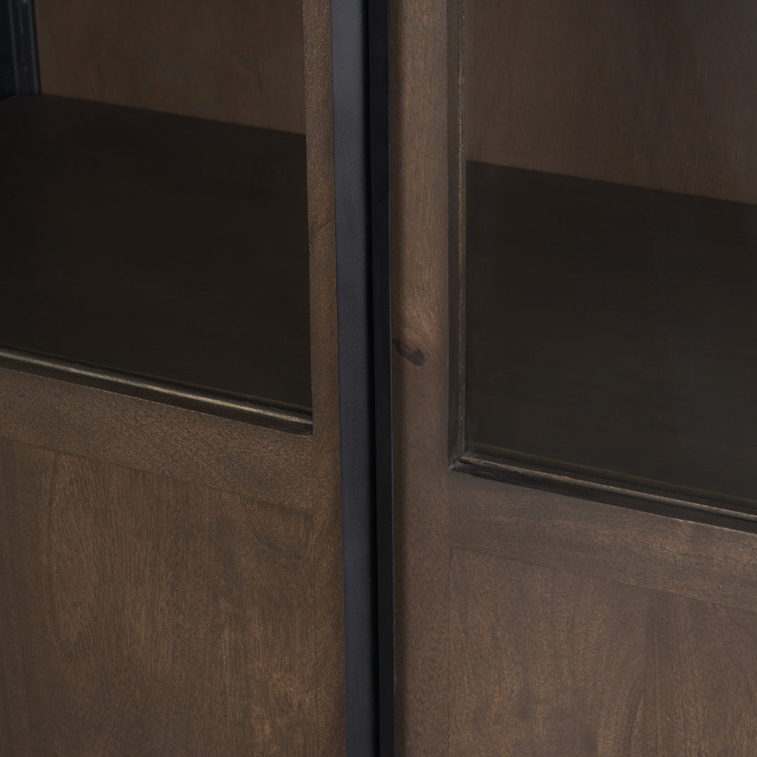 Sloan 80.5H Dark Brown Wood W/Black Metal Arched Curio Cabinet Living Room Mercana
