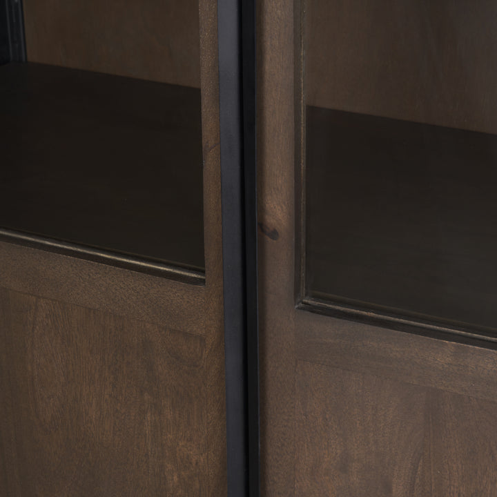 Sloan 80.5H Dark Brown Wood W/Black Metal Arched Curio Cabinet Living Room Mercana