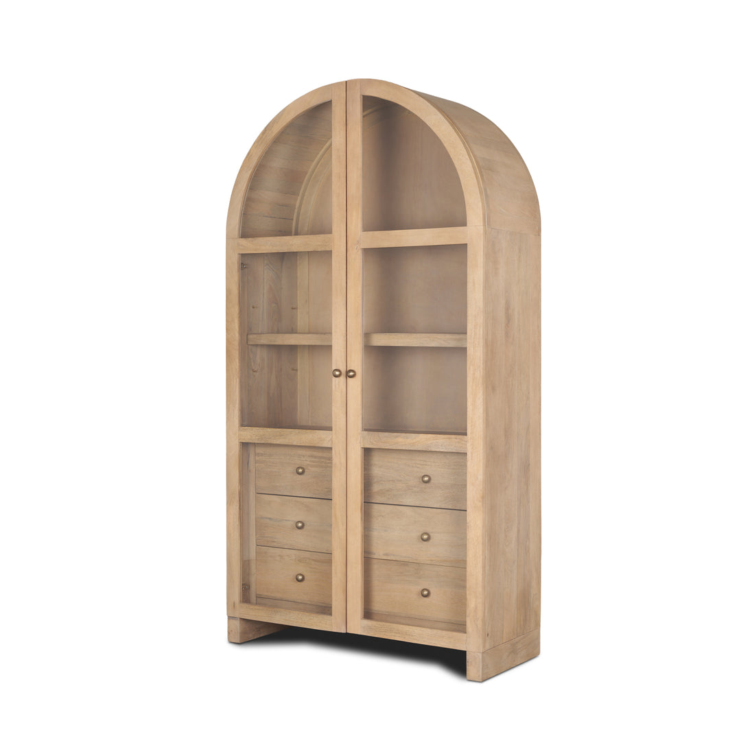 Suri Light Brown Wood W/Glass Doors Arched Curio Cabinet Living Room Mercana