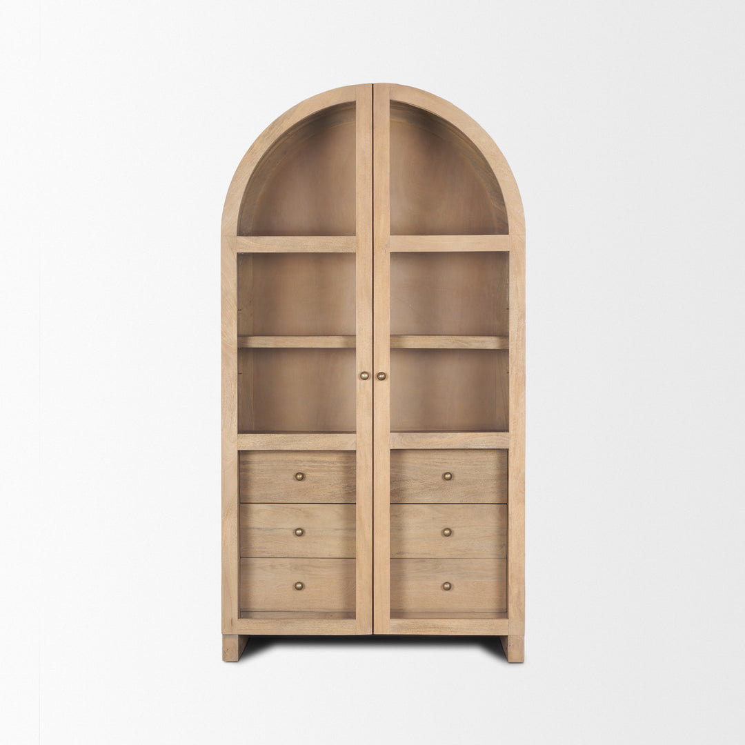 Suri Light Brown Wood W/Glass Doors Arched Curio Cabinet Living Room Mercana