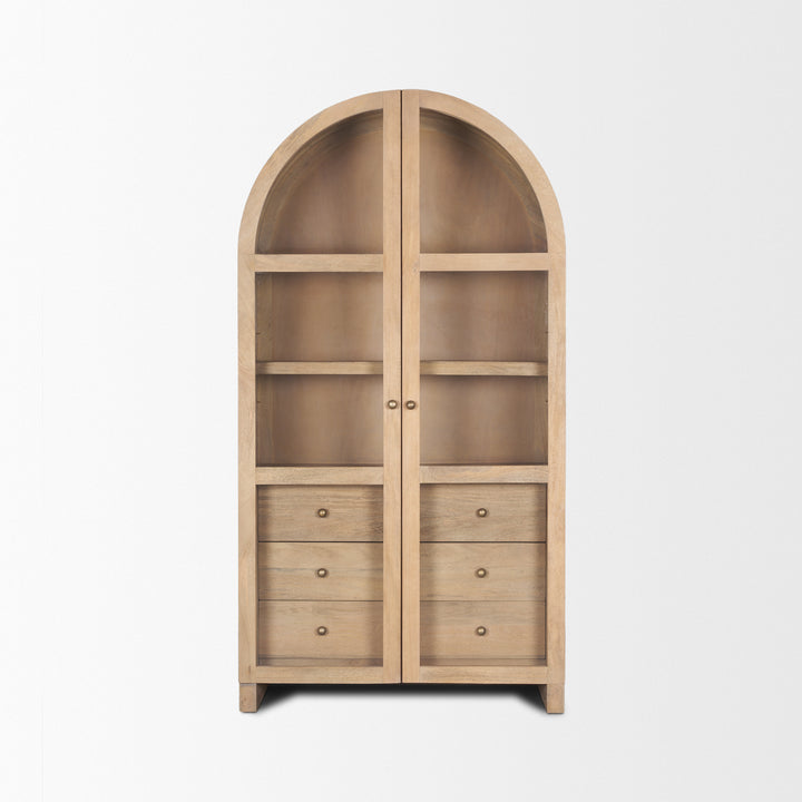 Suri Light Brown Wood W/Glass Doors Arched Curio Cabinet Living Room Mercana