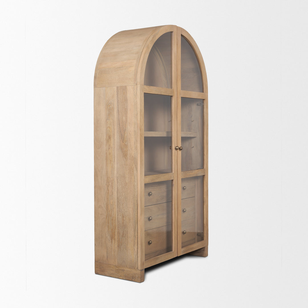 Suri Light Brown Wood W/Glass Doors Arched Curio Cabinet Living Room Mercana