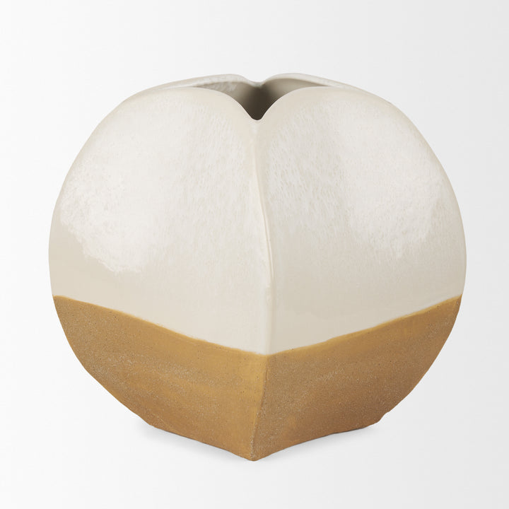 Vania Short Off White w/ Tan Textured Ceramic Vase Decor Mercana