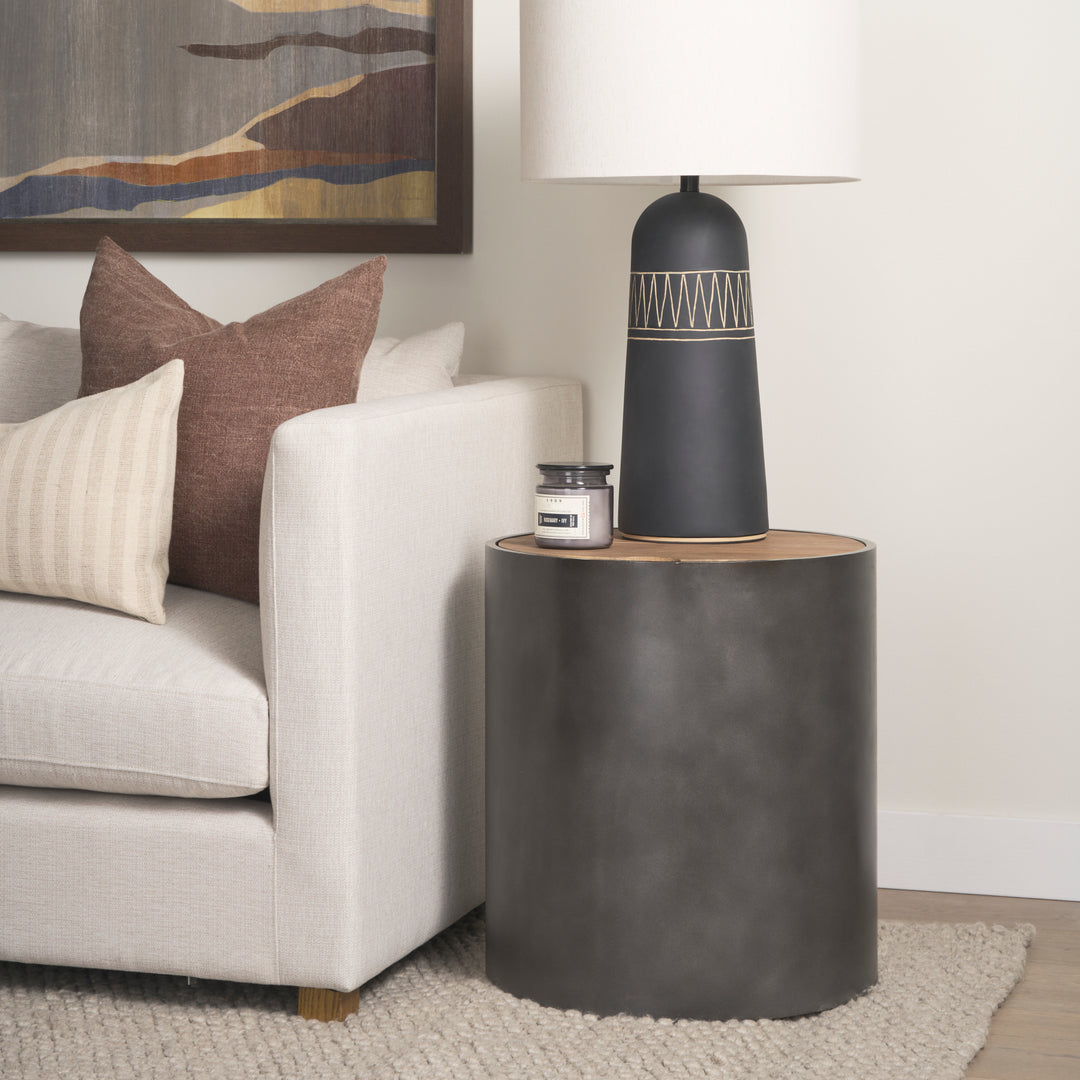 Eclipse Gunmetal Gray Drum Base w/ Brown Wood Top End/Side Table Living Room Mercana