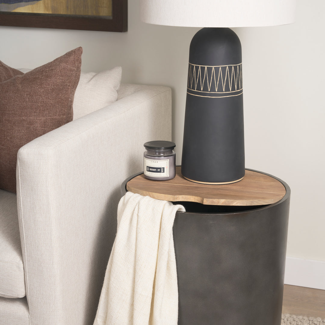 Eclipse Gunmetal Gray Drum Base w/ Brown Wood Top End/Side Table Living Room Mercana