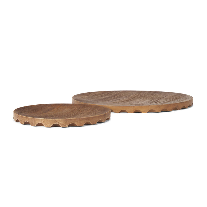 Waverly Round Light Brown Wood Scalloped Edged Trays Decor Mercana