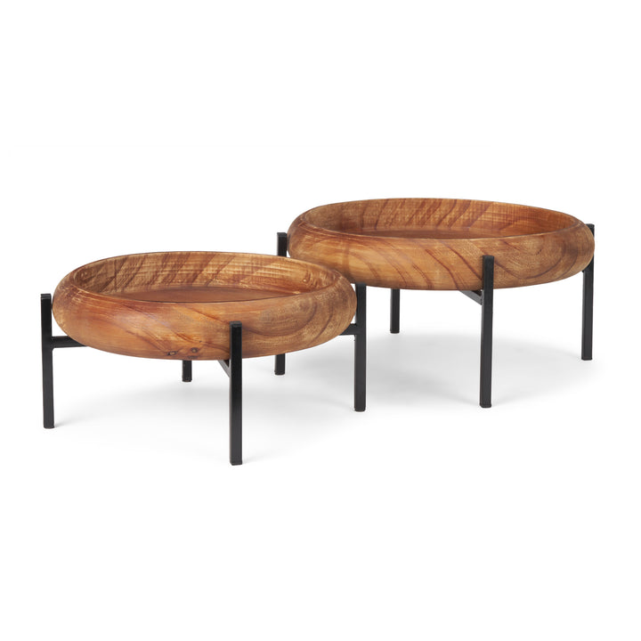 Wally Round Medium Brown Wood w/ Matte Black Metal Stand Trays Decor Mercana