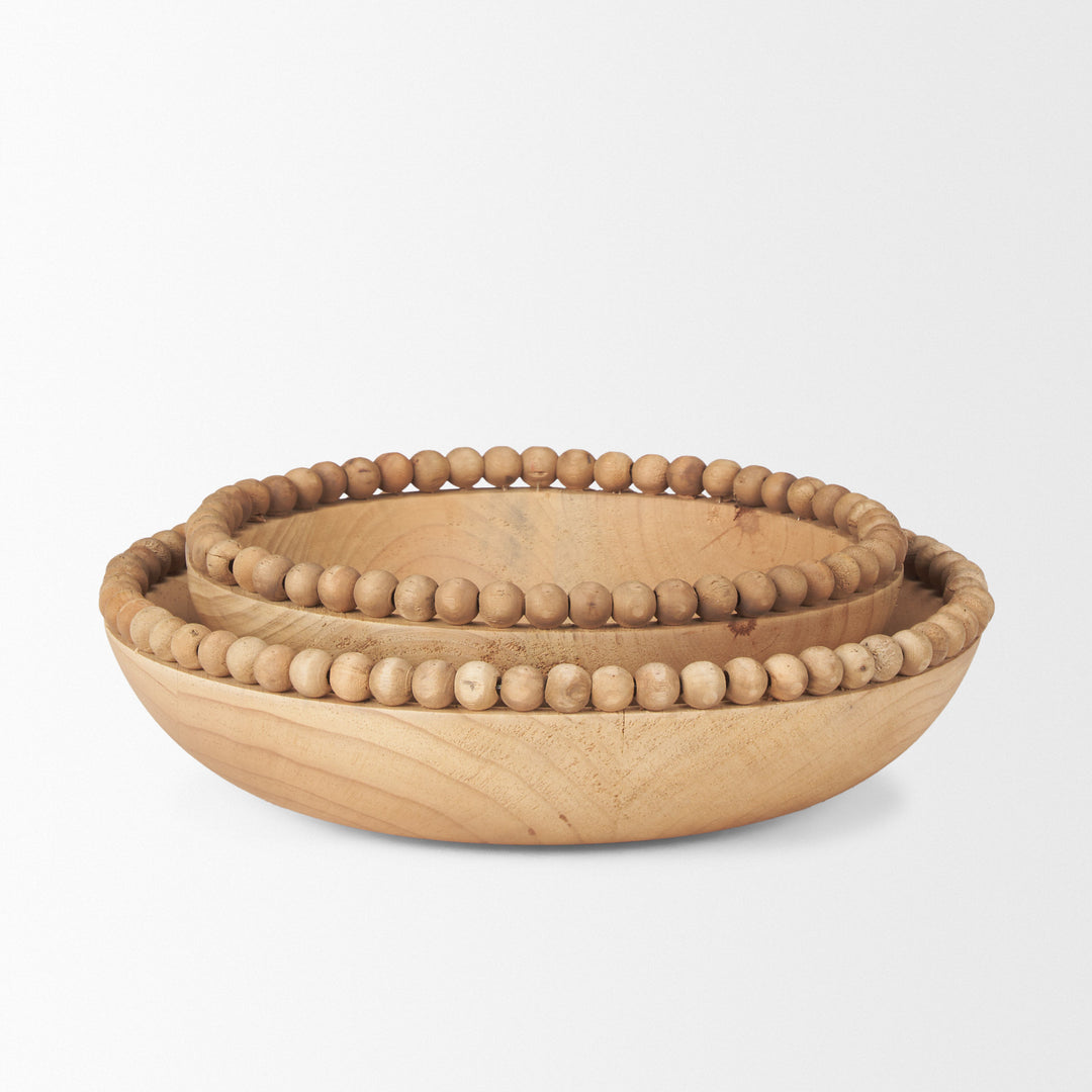 Wendell Light Brown Wood w/ Wood Bead Round Bowls Decor Mercana