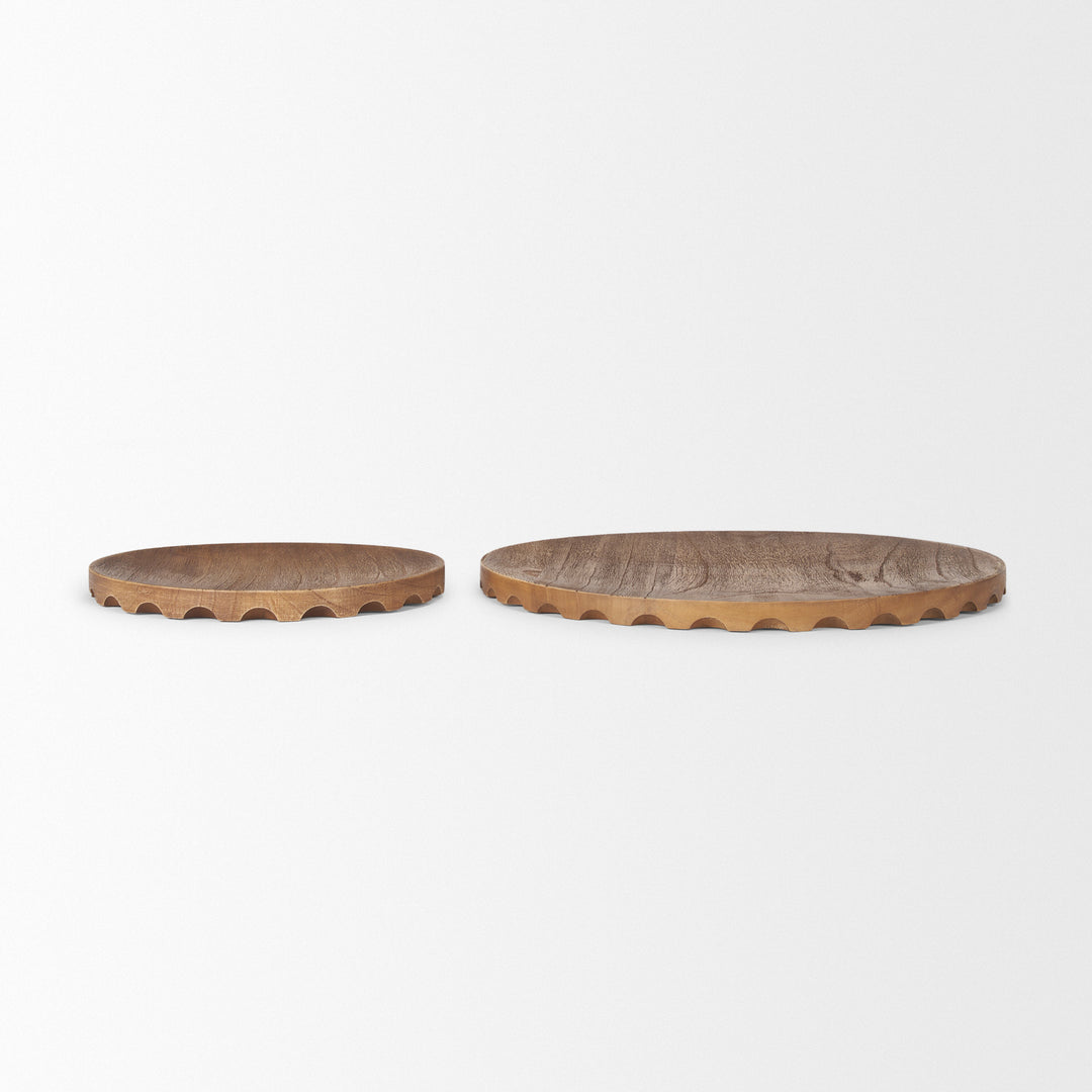 Waverly Round Light Brown Wood Scalloped Edged Trays Decor Mercana