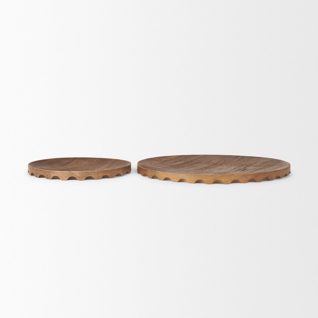 Waverly Round Light Brown Wood Scalloped Edged Trays Decor Mercana