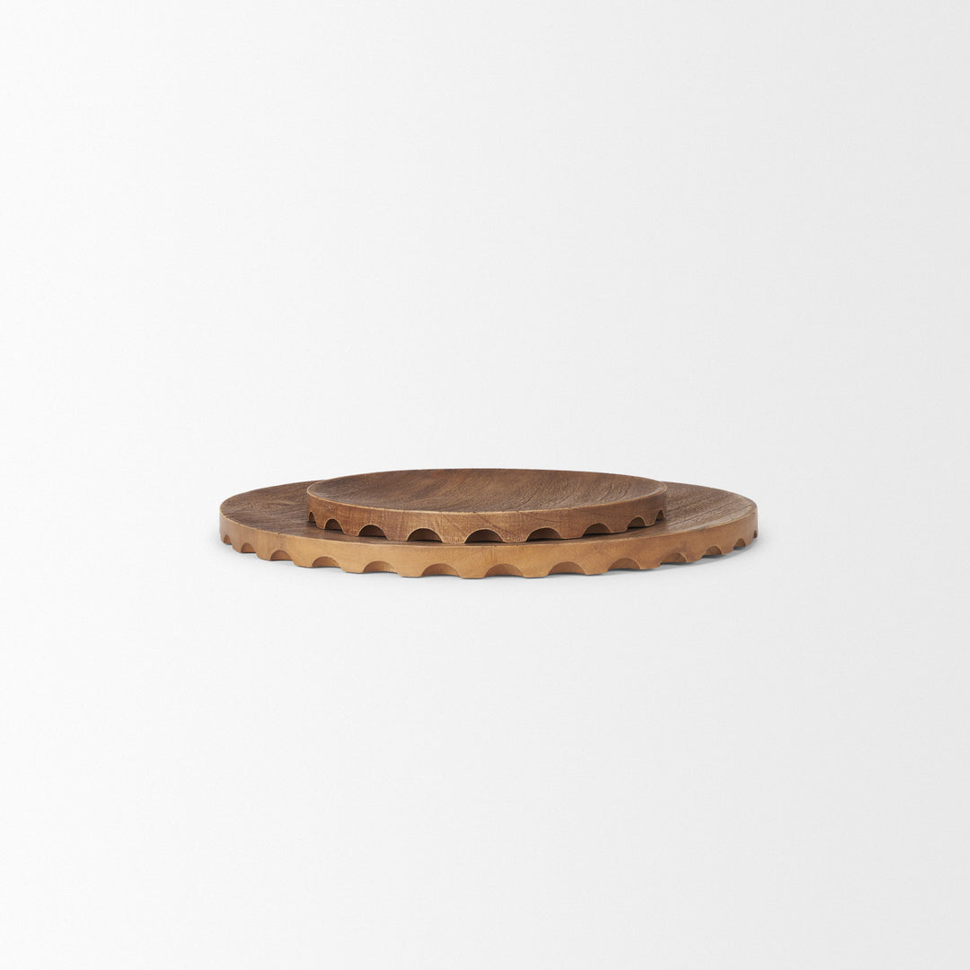 Waverly Round Light Brown Wood Scalloped Edged Trays Decor Mercana