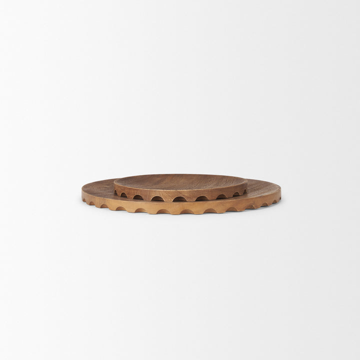 Waverly Round Light Brown Wood Scalloped Edged Trays Decor Mercana
