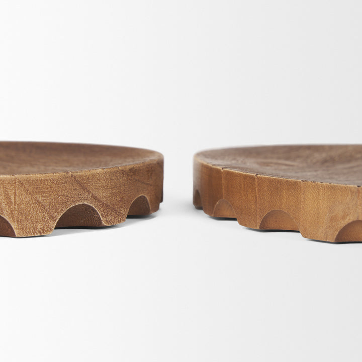 Waverly Round Light Brown Wood Scalloped Edged Trays Decor Mercana