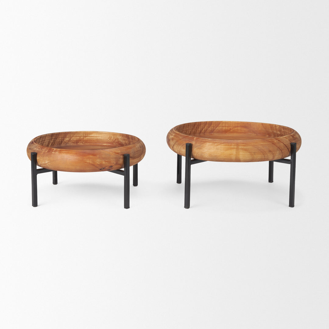 Wally Round Medium Brown Wood w/ Matte Black Metal Stand Trays Decor Mercana