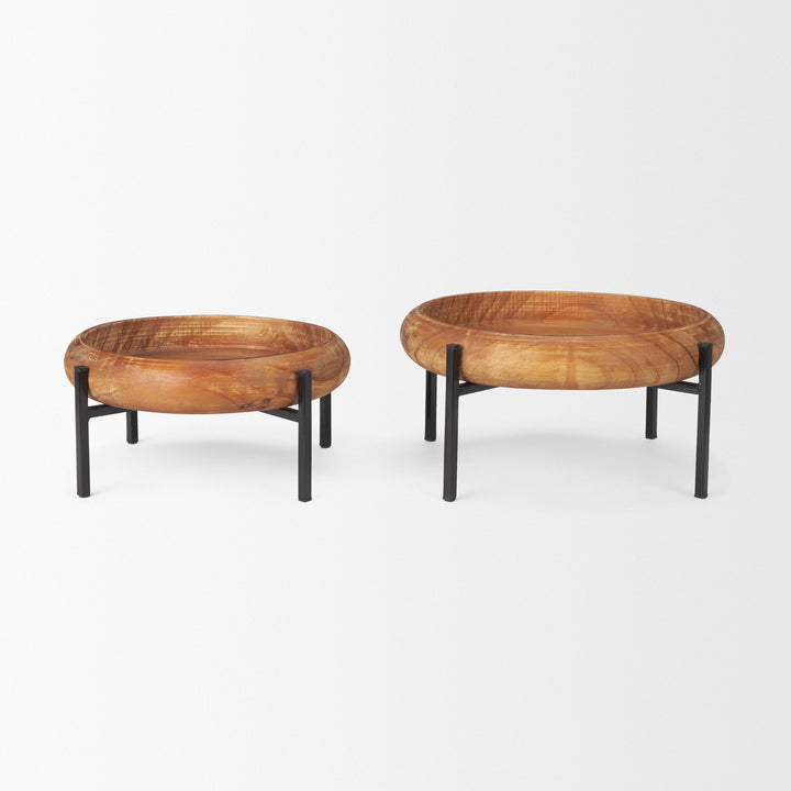 Wally Round Medium Brown Wood w/ Matte Black Metal Stand Trays Decor Mercana