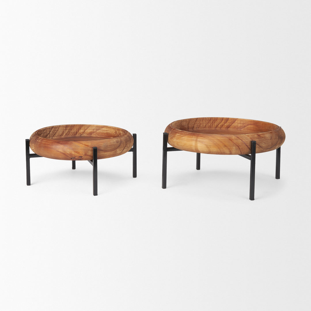 Wally Round Medium Brown Wood w/ Matte Black Metal Stand Trays Decor Mercana