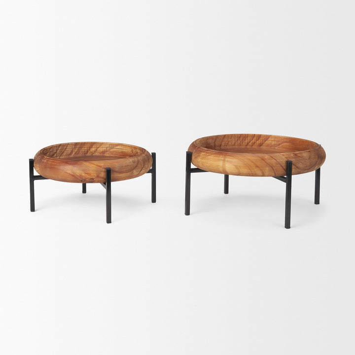 Wally Round Medium Brown Wood w/ Matte Black Metal Stand Trays Decor Mercana