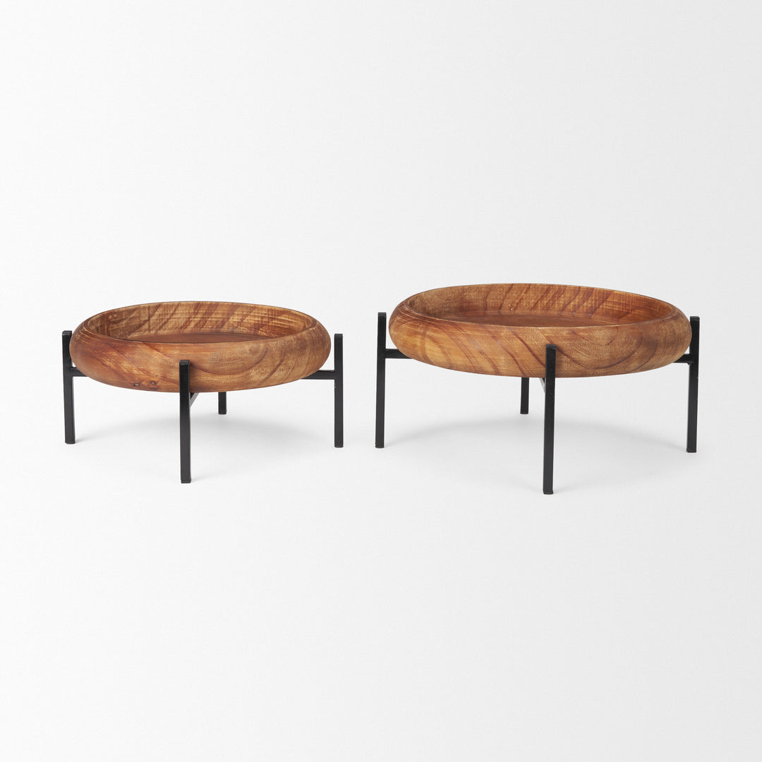 Wally Round Medium Brown Wood w/ Matte Black Metal Stand Trays Decor Mercana
