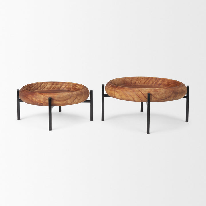 Wally Round Medium Brown Wood w/ Matte Black Metal Stand Trays Decor Mercana
