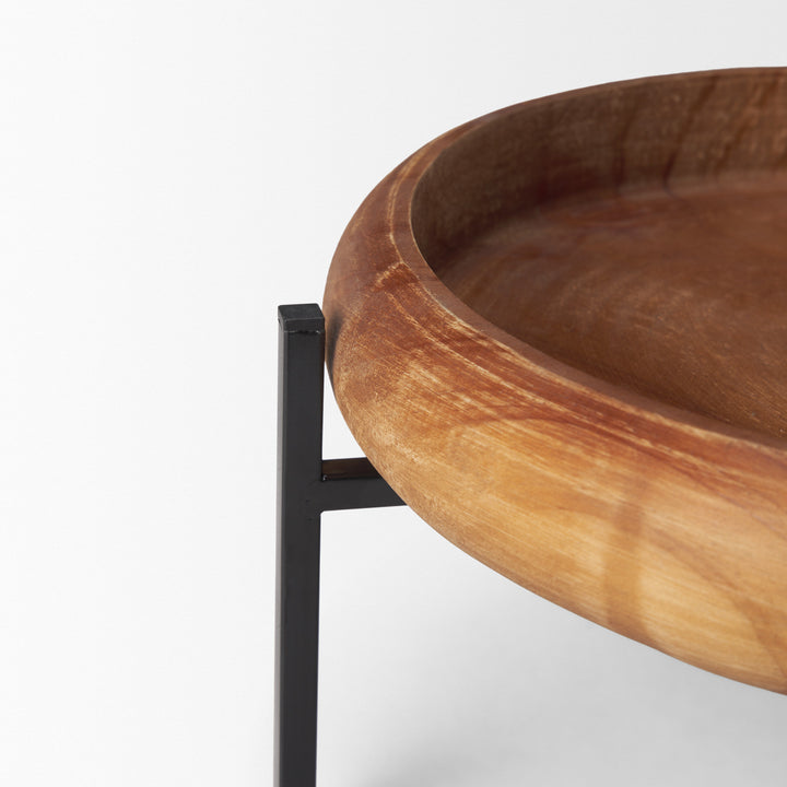 Wally Round Medium Brown Wood w/ Matte Black Metal Stand Trays Decor Mercana