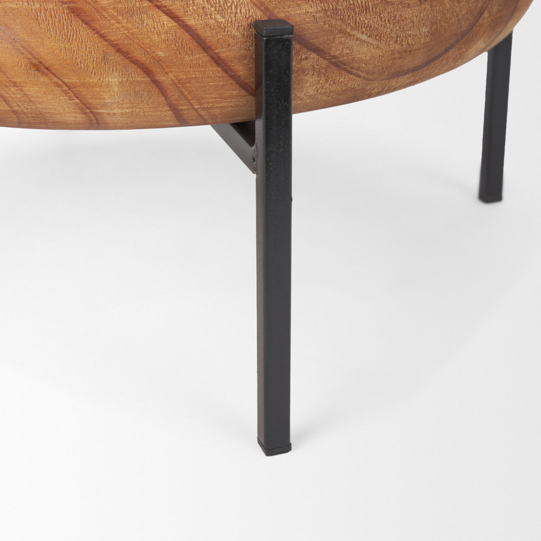 Wally Round Medium Brown Wood w/ Matte Black Metal Stand Trays Decor Mercana