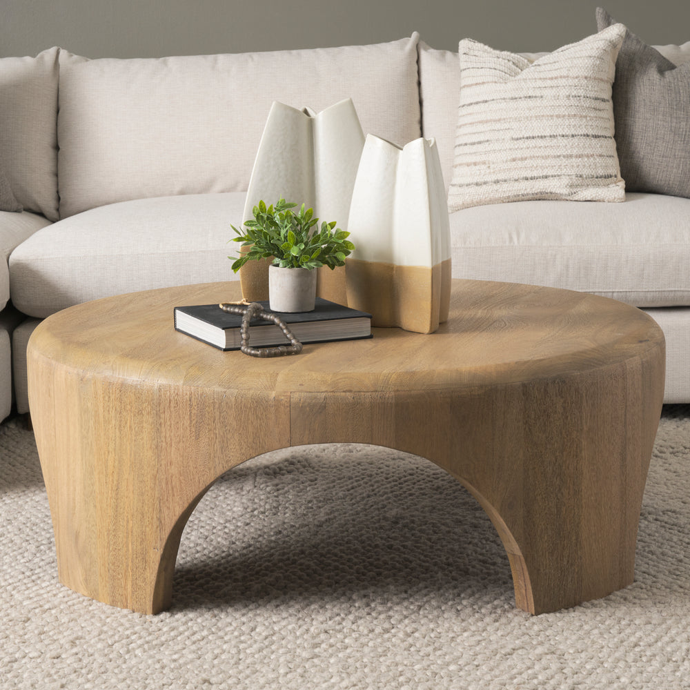 Shima Round Light Brown Wood W/Arched Legs Coffee Table Living Room Mercana