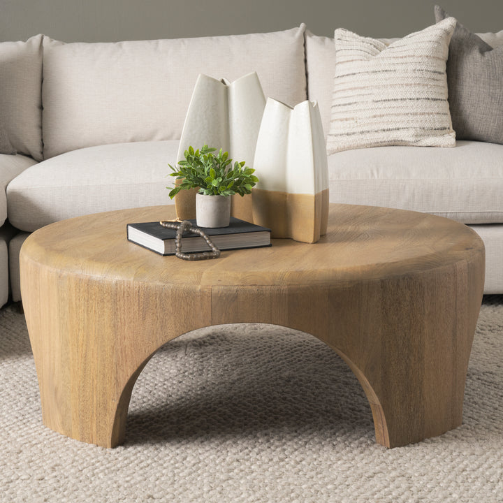 Shima Round Light Brown Wood W/Arched Legs Coffee Table Living Room Mercana