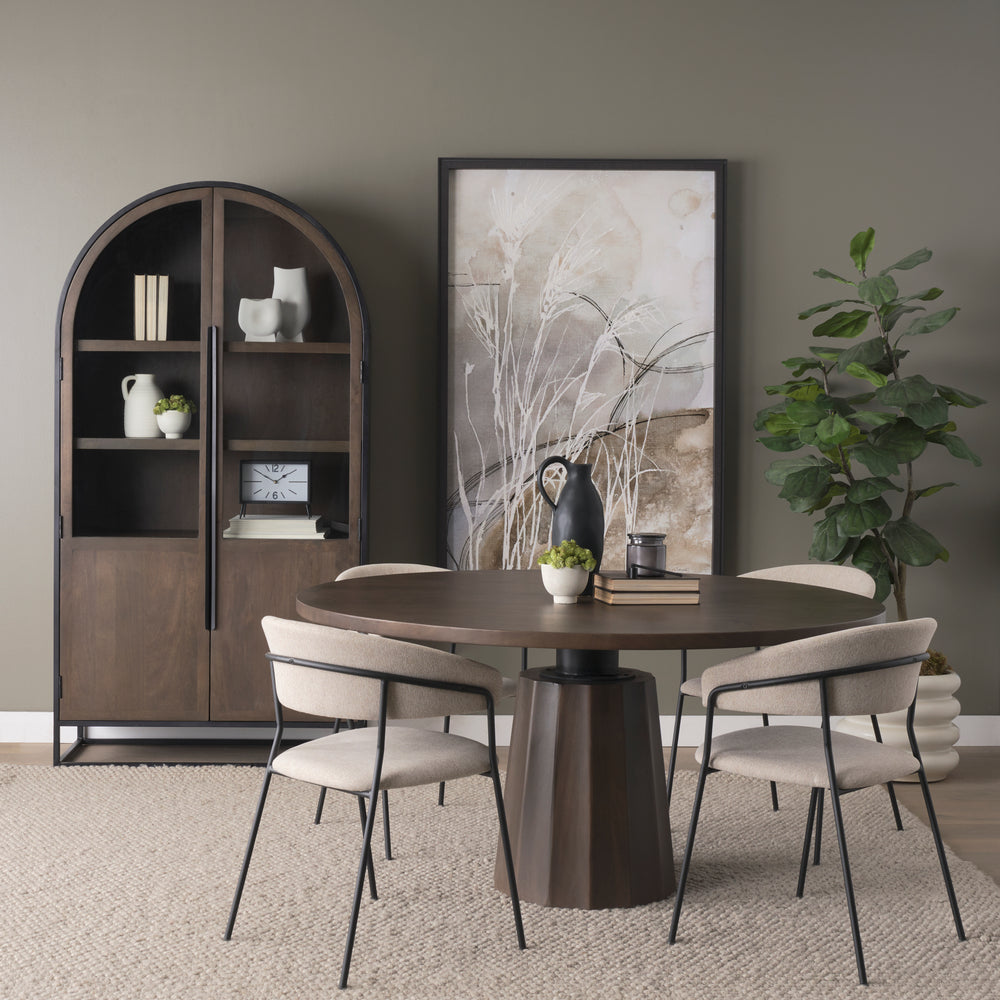 Sloan 80.5H Dark Brown Wood W/Black Metal Arched Curio Cabinet Living Room Mercana