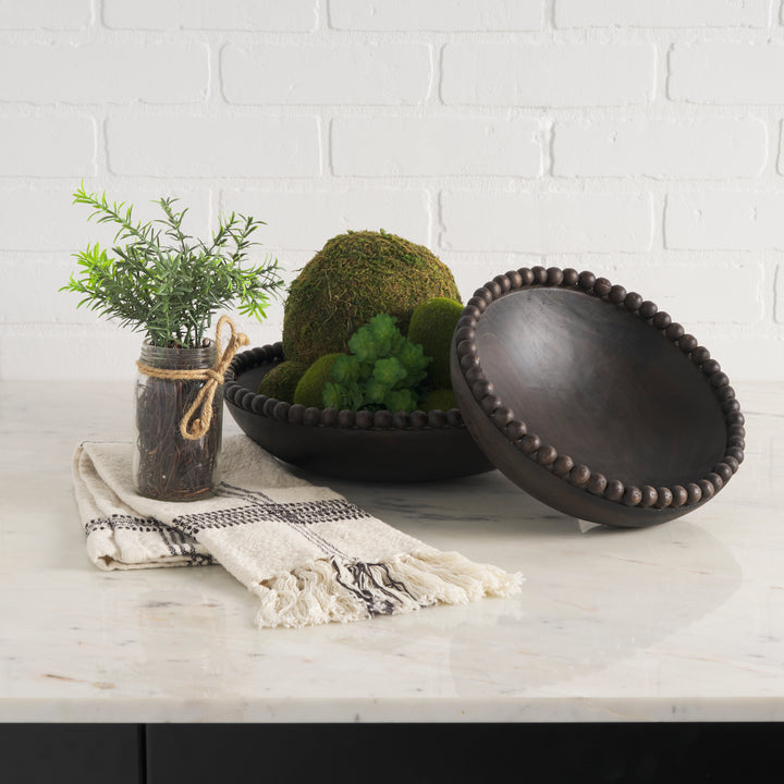 Wendell Dark Brown Wood w/ Wood Beads Round Bowls Decor Mercana