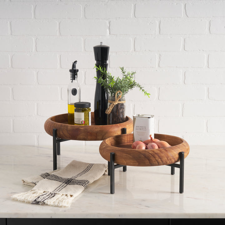 Wally Round Medium Brown Wood w/ Matte Black Metal Stand Trays Decor Mercana