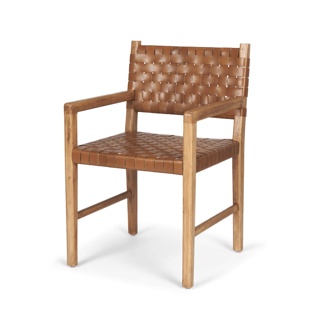 Shane Brown Wood w/ Woven Brown Leather Dining Armchair Living Room Mercana