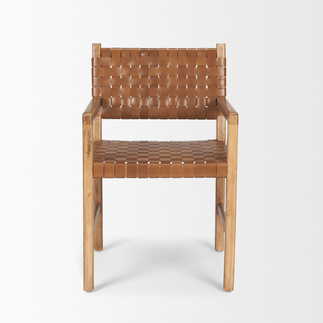 Shane Brown Wood w/ Woven Brown Leather Dining Armchair Living Room Mercana