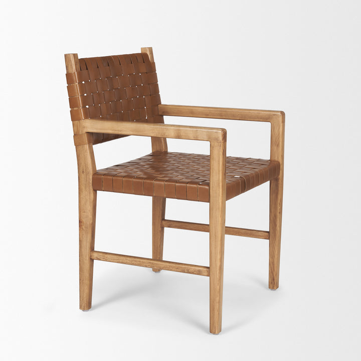 Shane Brown Wood w/ Woven Brown Leather Dining Armchair Living Room Mercana
