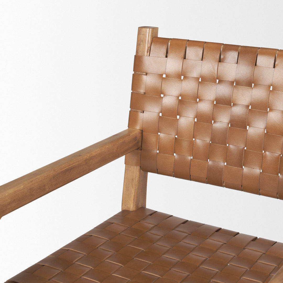 Shane Brown Wood w/ Woven Brown Leather Dining Armchair Living Room Mercana