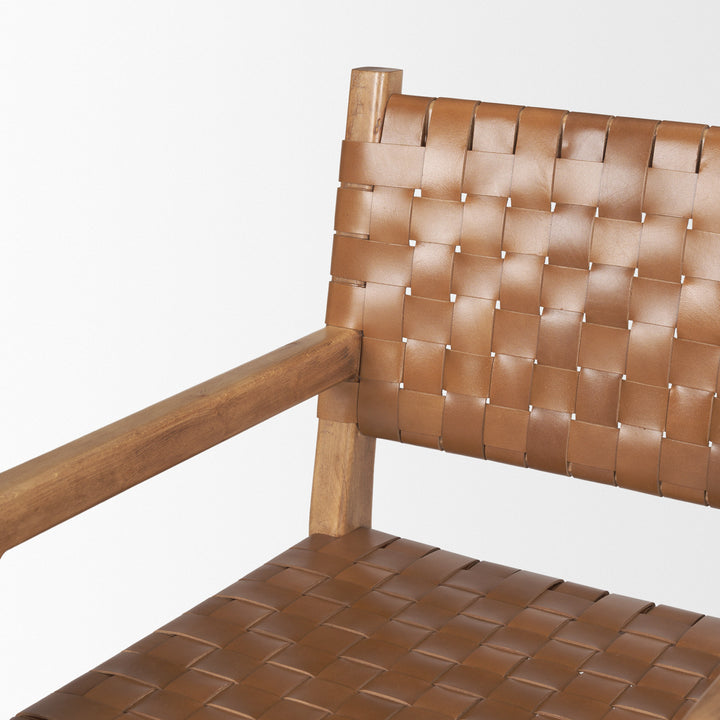 Shane Brown Wood w/ Woven Brown Leather Dining Armchair Living Room Mercana