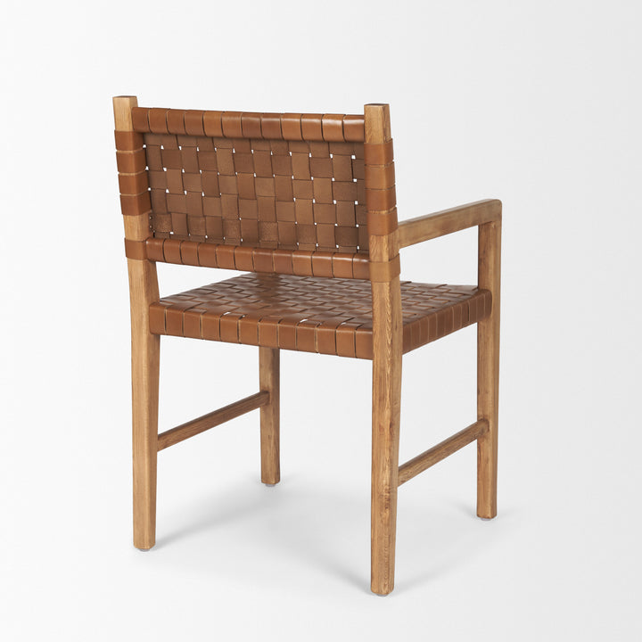Shane Brown Wood w/ Woven Brown Leather Dining Armchair Living Room Mercana