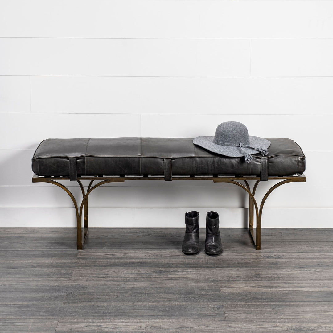 Jessie 55L x 16W Black Leather Seat W/Gold Metal Base Accent Bench Living Room Mercana