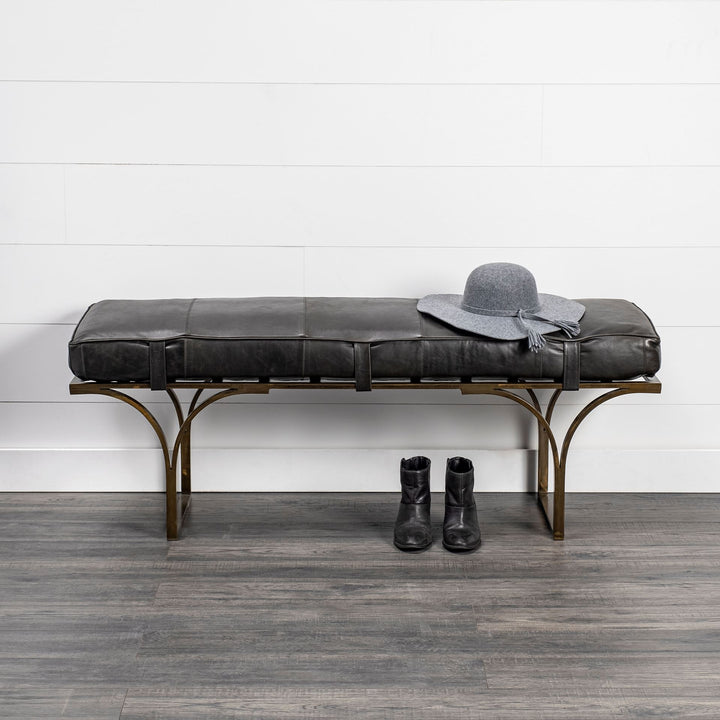 Jessie 55L x 16W Black Leather Seat W/Gold Metal Base Accent Bench Living Room Mercana
